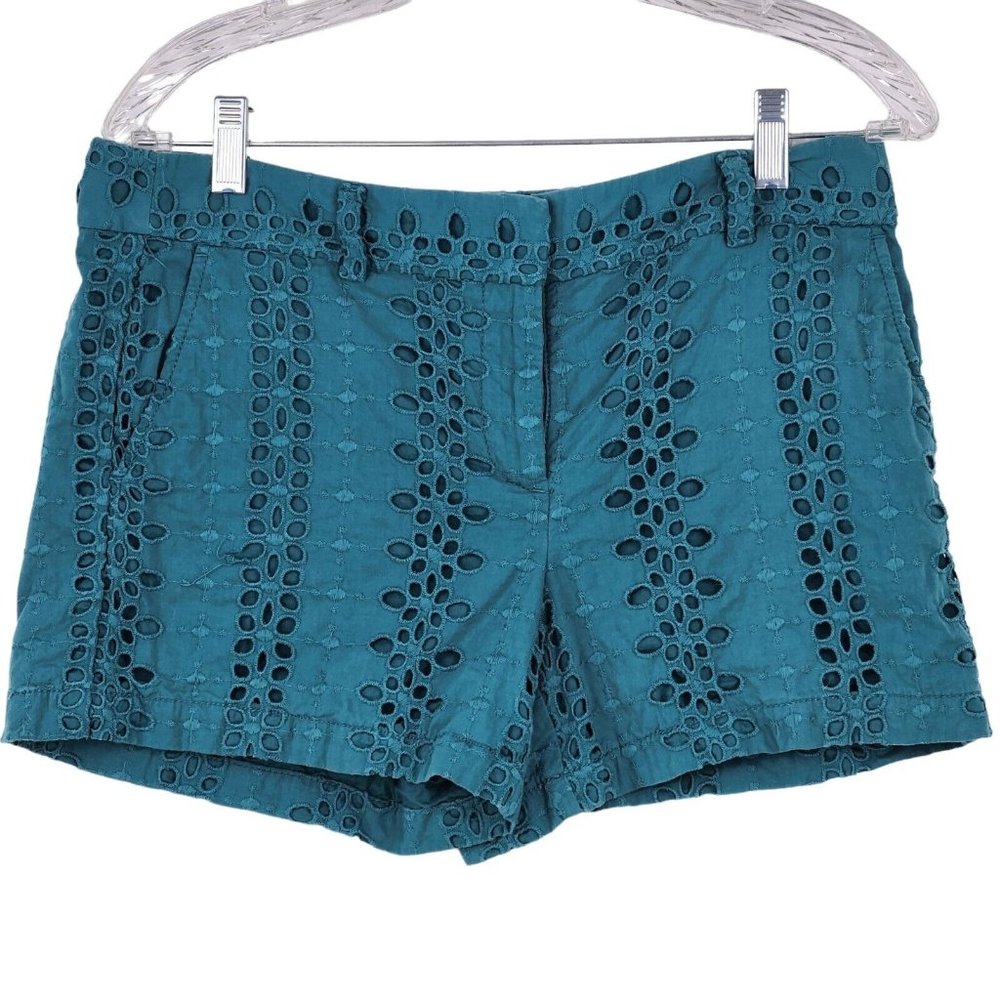Ann Taylor Loft Shorts Size 6 Blue Teal Eyelets Embroidery Pockets 100% Cotton
